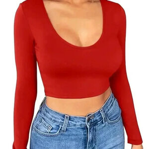 Red Scoop Neck Long Sleeve Crop Top